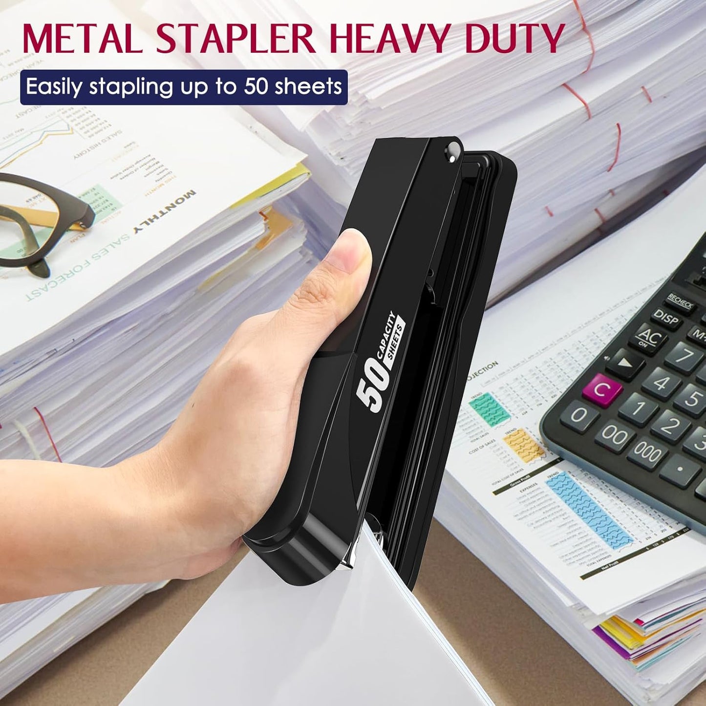 Metal Stapler Heavy Duty 50 Sheet Capacity with 1750 Staples and Staple Remover, Full Strip Staplers for Desk, No Jam, Non-Slip for Office & Classroom, Black