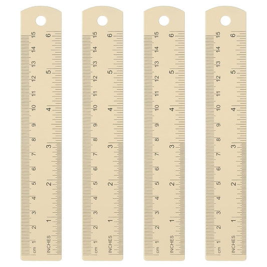 HARFINGTON 4pcs Metal Straight Ruler 15cm Metric SAE Aluminum Alloy Measuring Rulers Scale Tool with Hole for Measure Study Reading Classroom Office, Beige