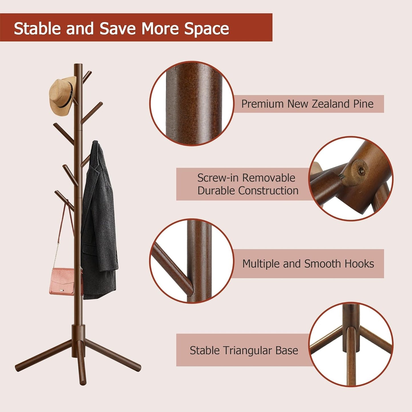 Wooden Coat Rack, Free Standing Coat Rack with 8 Hooks 3 Adjustable Heights for Clothes, Hats, Handbags, Coat Tree Easy Assembly for Entryway, Bedroom, Hallway, Office(2PCS)