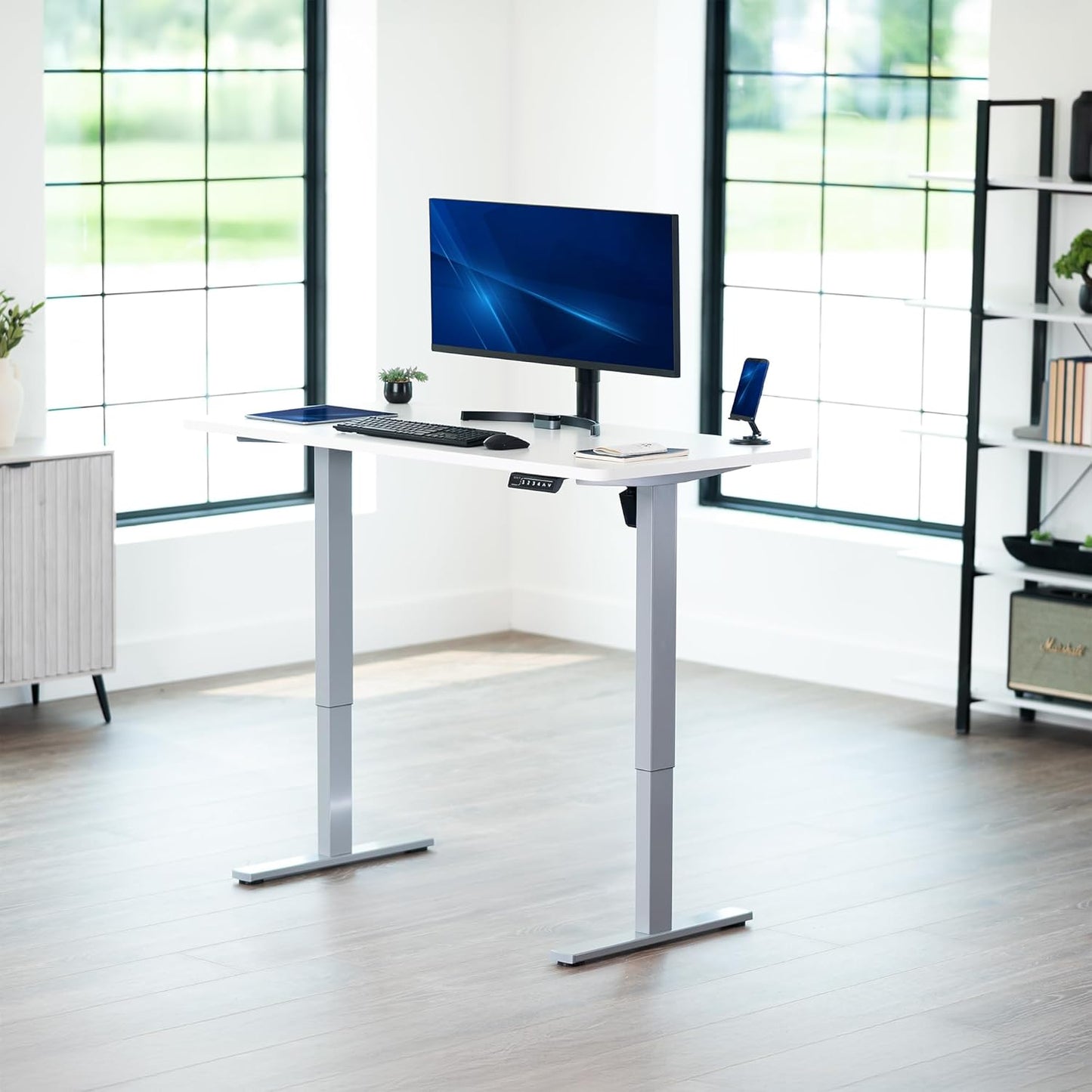VIVO Electric 55 x 28 in Standing Desk, Memory Height Adjustment, 1B Series, One-Piece White Top, Gray Frame, DESK-KIT-1G55W