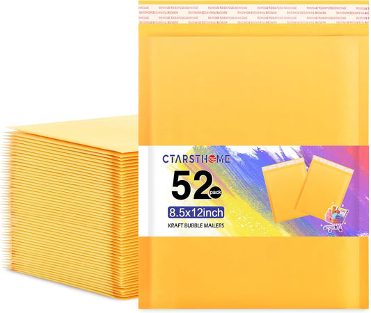 52Pack Yellow 8.5x12in Kraft Bubble Mailers Small Business Mailing Packages Self-Sealing Paper Envelopes, Mailer Shipping Padded Envelopes with Strong Adhesion for Jewelry Makeup Supplies