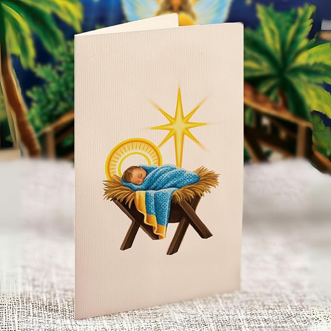 Freshcut Paper Pop Up Cards, Mini Starlit Nativity (Set of 2), 6 Inch Mini Sized 3D Popup Greeting Card and Paper Nativity Scene, Christmas Cards, Holiday Card, Blank Notecard & Envelope