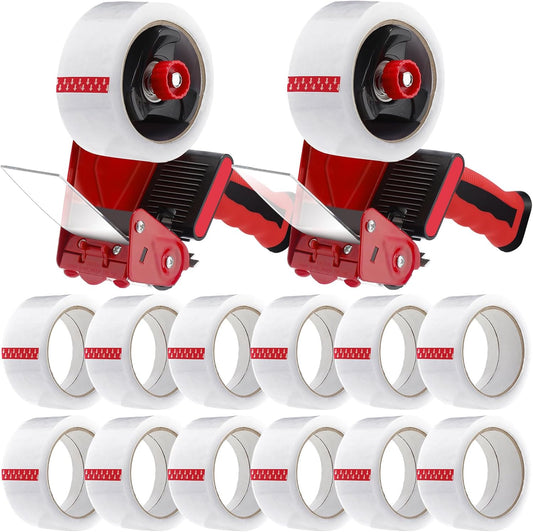 2 Pack Packing Tape Dispenser Gun with 12 Roll Packing Tape 2 Inch Gun 2.7 Mil Heavy Duty Packaging for Shipping, Moving, Carton and Box Sealing(Black and Red)
