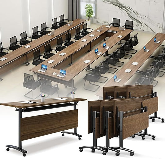 Folding Conference Room Table, Modern Conference Tables with Wheels, Large Rectangular Mobile Training Tables for Office Classroom, Foldable Modular Boardroom Seminar Table Walnut (6pack L55.1in)