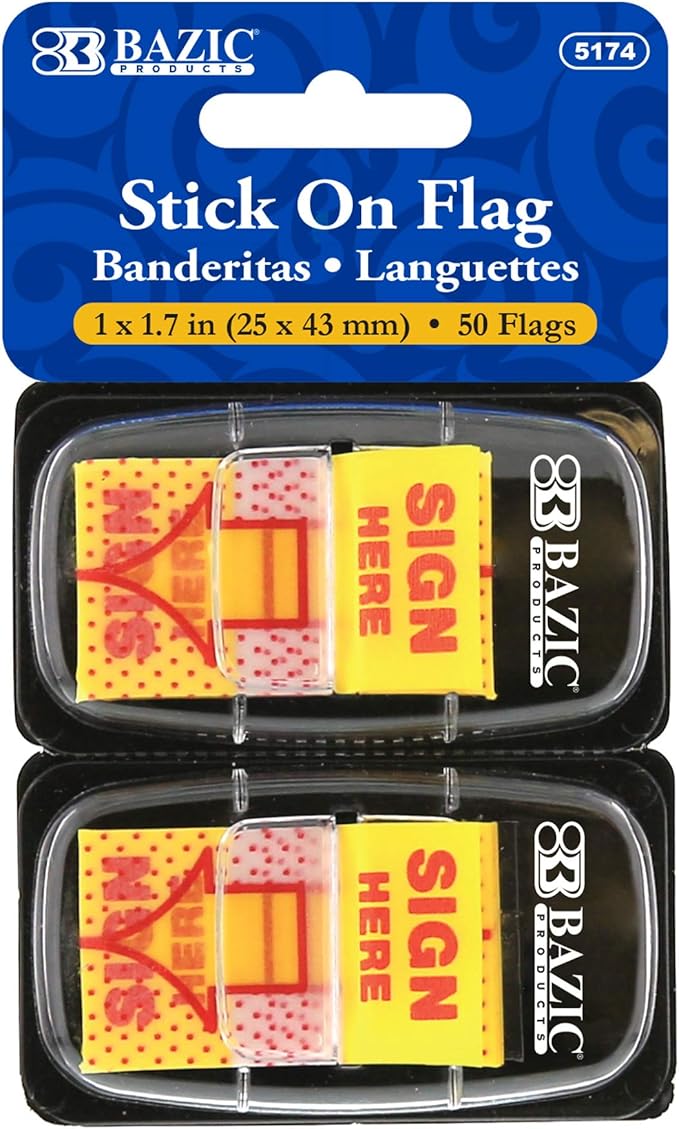 BAZIC Neon Page Markers Dispensers 1x1.7 Sign Here Neon Colored PET Arrow Flag Index Tabs, Page Bookmarks File Tab (50 Flags/Pack), 24-Packs