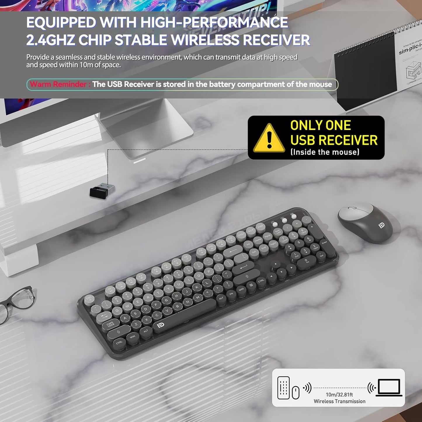 FOPETT Wireless Keyboard and Mouse Combo - Cute Colorful Mouse and Keyboard 2.4G Full-Sized with 104 Round Keys Retro Typewriter Keyboards for Laptop/Windows/PC - Grey Gradient