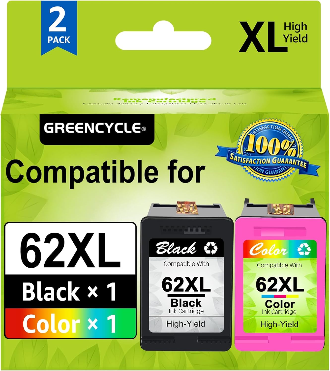greencycle 62XL Remanufactured Ink Cartridges Combo Pack Replacement for HP 62 XL C2P05AN C2P07AN Compatible for Envy 5540 5660 7640 7645 Officejet 200 2250 5740 8040 (1 Black 1 Color)