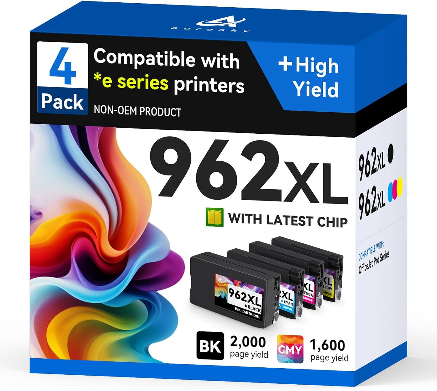 962xl Ink cartridges Compatible for HP 962 XL HP962XL Ink Combo Pack Work with HP Office Jet Pro 9010 9010e 9015e 9018e 9020 9020e 9025 9025e Series (4 Pack kcmy)