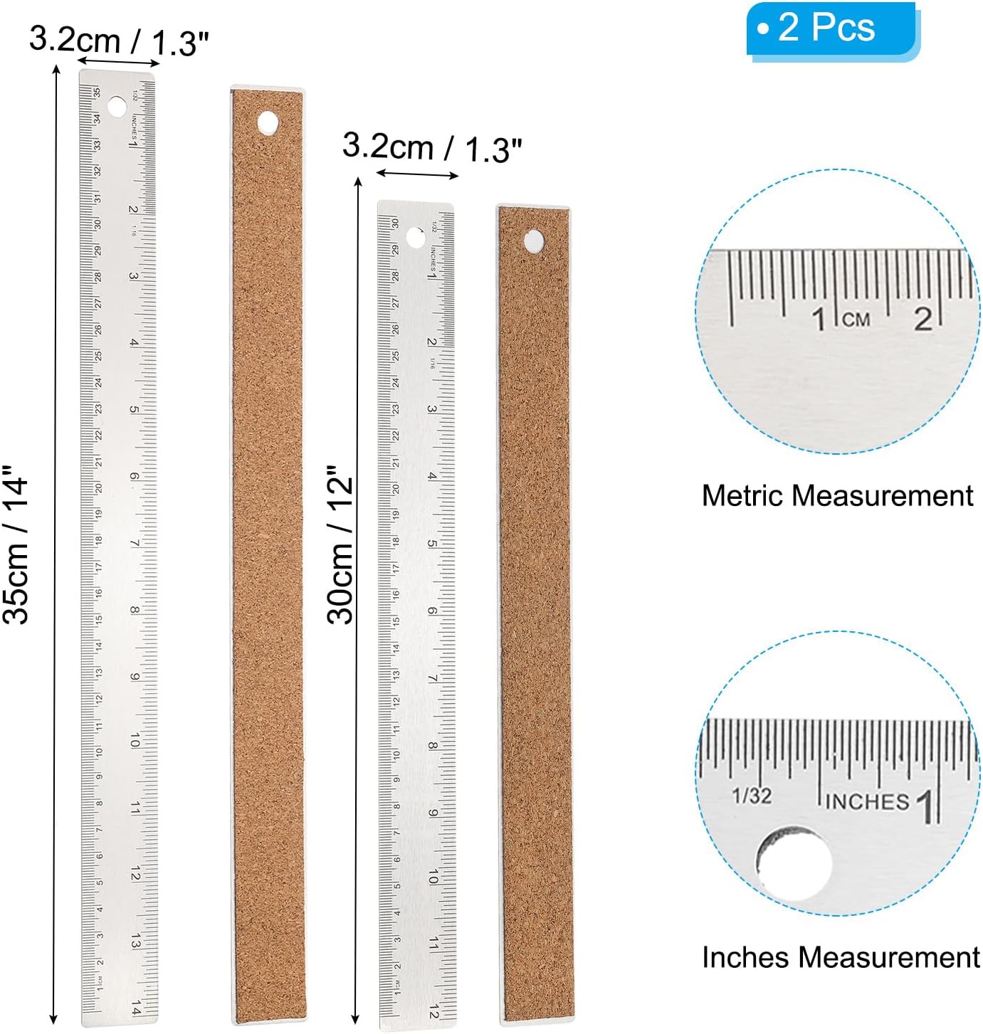PATIKIL 12, 14 Inch Stainless Steel Straight Edge Ruler, 2 Pcs Cork Backing Non-Slip Metal Ruler with Inches Centimeter Metric Measuring Tools for Office