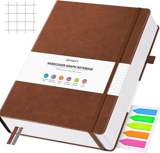 Graph Paper Notebook, 312 Numbered Pages Large A4 Hardcover Leather Journal, 100gsm No Bleed Grid Paper Notebook with Index Pages, Squared Grid Notebook for Graphing Notes Math, 8.5'' × 11'', Brown