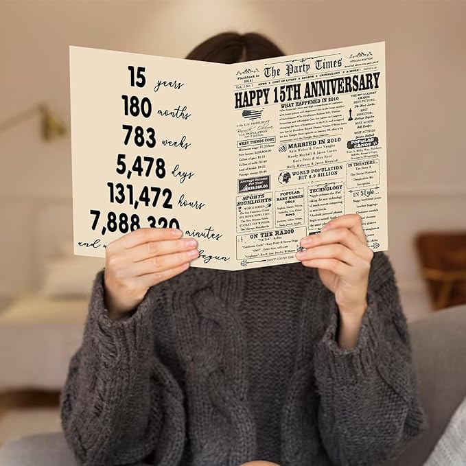 YiKaLus Big 15th Anniversary Card for Him Her, Happy 15 Year Wedding Anniversary Decoration Gift for Women Men, 15th Aday Gifts Card for Boyfriend Girlfriend