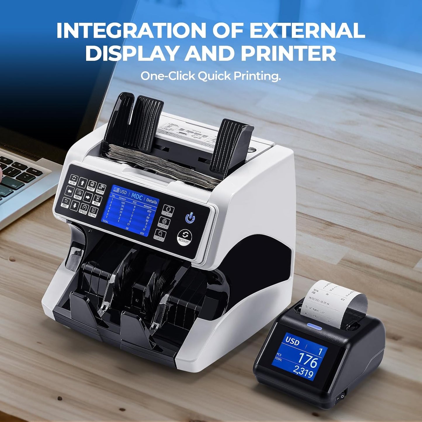 MUNBYN Bank Grade Money Counter Machine Mixed Denomination with External Display+Printer in One, Value Counting, Serial Number, Multi Currency, 2CIS/UV/IR/MG/MT Counterfeit Detection, 2Y Warranty