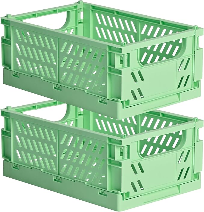 2-Pack Small Pastel Plastic Storage Baskets, Collapsible Crates for Organizing, Space-Saving Mini Bins for Classroom, Kitchen, Office, Bedroom (Green, 9.8" x 6.5" x 3.8")