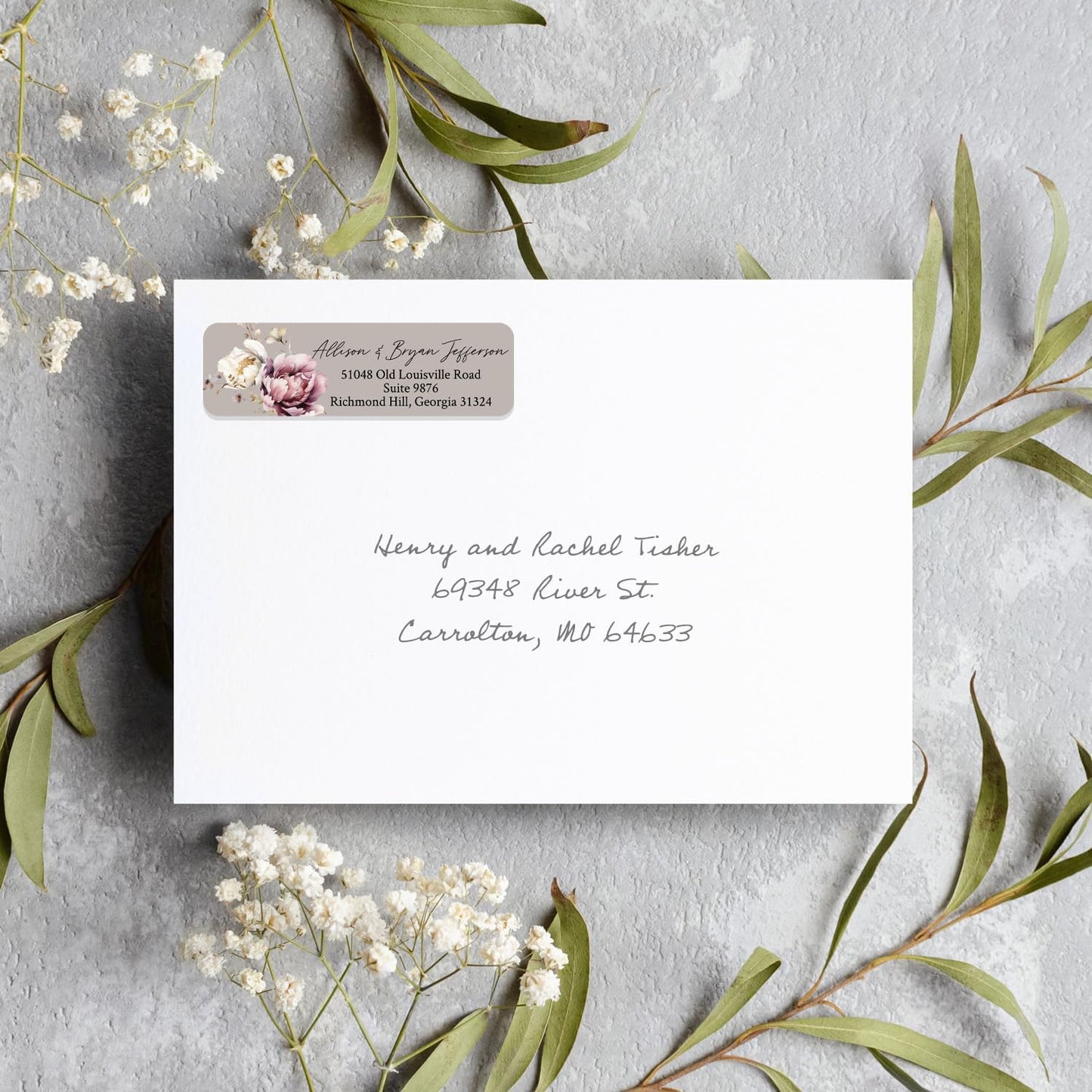 Taupe Watercolor Floral Rolled Address Labels / 500 Personalized Return Address Labels/Designer Address Stickers in Elegant Plastic Dispenser
