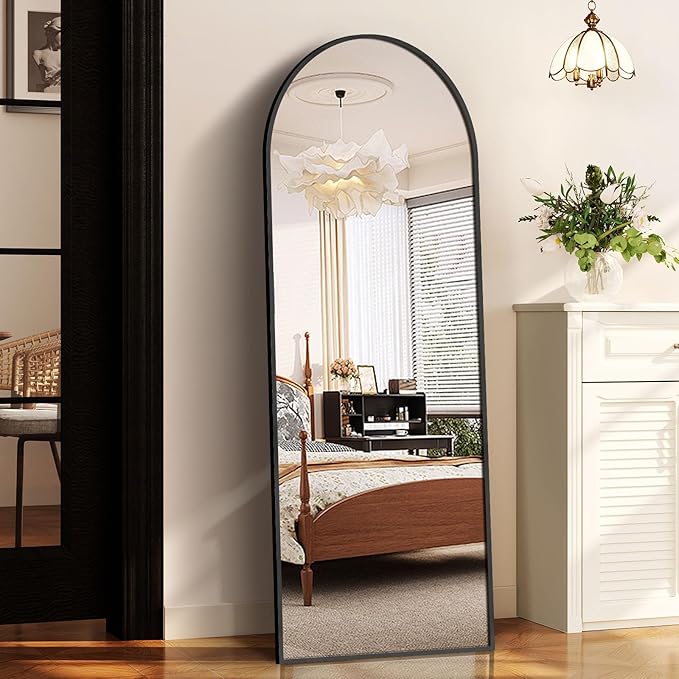 Arched Full Length Mirror, 58" x 18" Floor Mirror with Stand – Shatterproof Tempered Glass, Modern Aluminum Frame, Multi-Mount for Bedroom, Living Room, Gym, Black