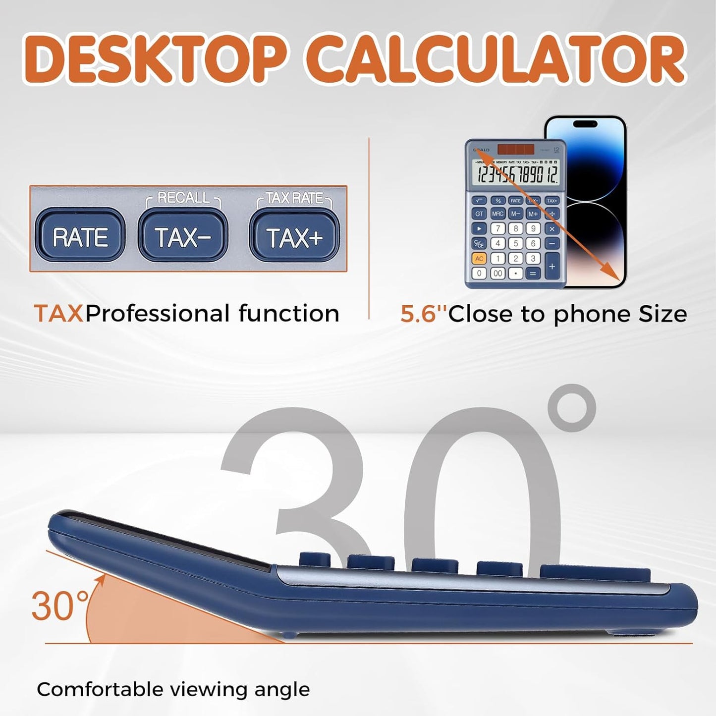 Pendancy Office Small Calculator Desktop with Tax+/- for Tax Calculation, 12 Digit Large LCD Display, Solar Battery Power, Durable Portable Design, Financial Accounting Business Home Use(OS-200T-Blue)