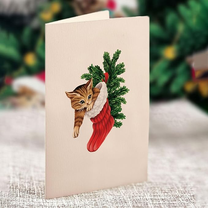 Freshcut Paper Pop Up Cards, Mini Meowy Christmas Tree (Set of 2), 6 Inch Mini Sized Forever Flower Bouquet 3D Popup Greeting Card, Christmas Cards, Holiday Card, Blank Notecard & Envelope