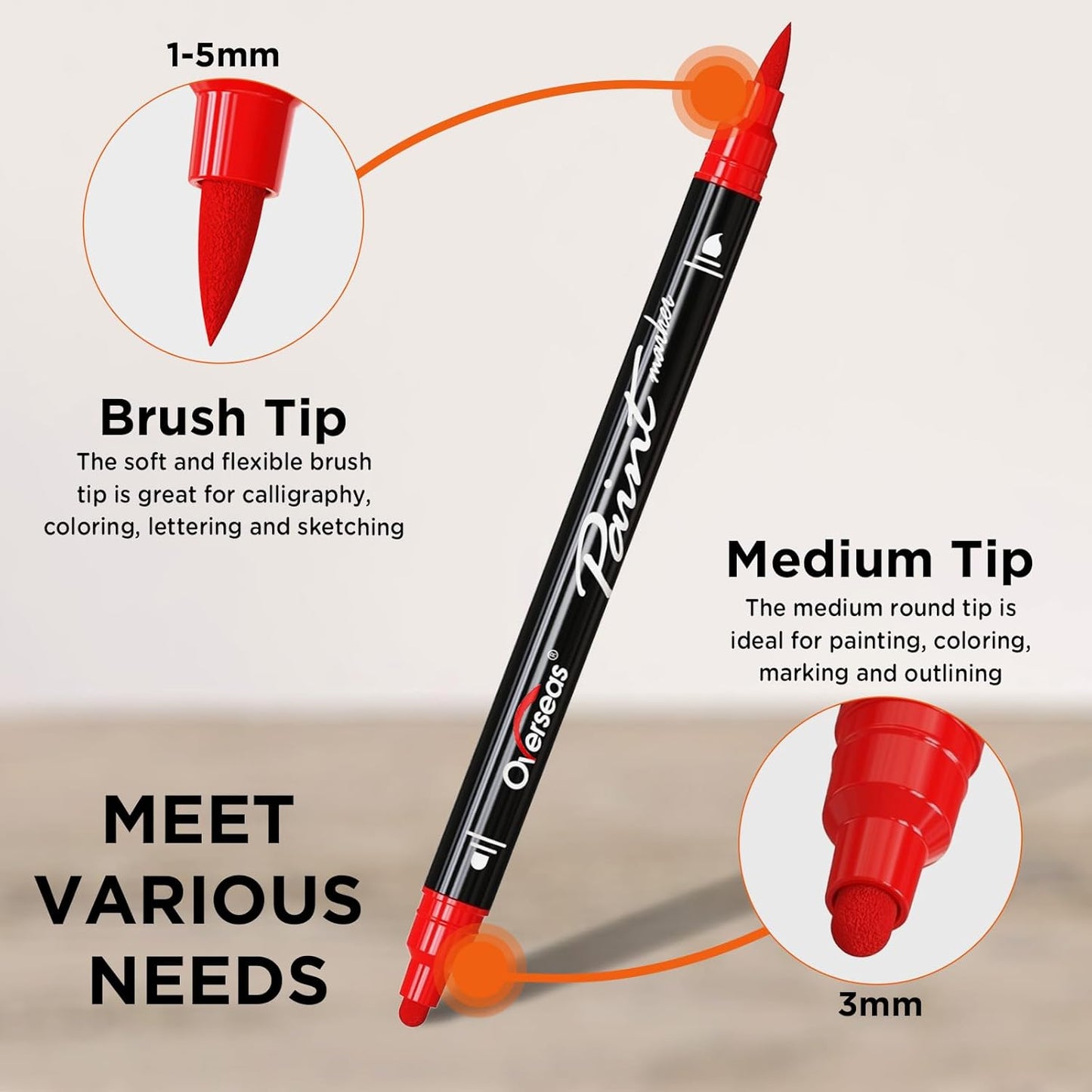 Overseas Silver Acrylic Paint Markers, 2 Pack Dual Tip Paint Pens Acrylic Markers with Dot and Brush Tip, No Bleeding Coloring Marker for Wood, Rock, Canvas, Glass, Metal, Ceramic, Plastic, Fabric