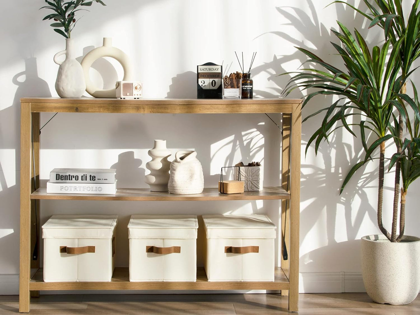 StorageWorks Large Storage Bins with Lids, Decorative Storage Boxes with Lid and PU Handles, Foldable Storage Baskets for Closet, Shelves, Stackable, Ivory White, 3-Pack