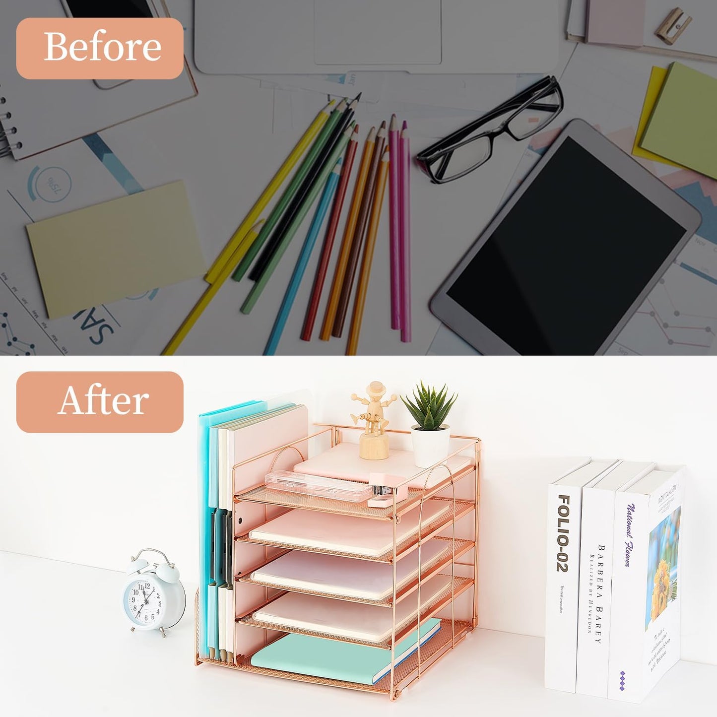AUPSEN Desk Organizer with File Holder, 5 Trays Paper Letter Tray Organizer, Mesh Desk Organizers and Accessoriesand for Home Office (Rose Gold)