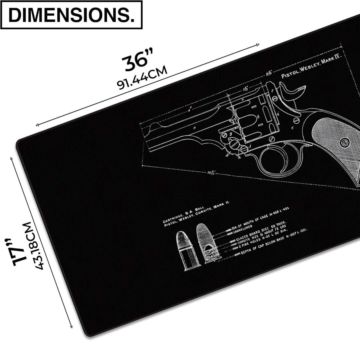 MPCO. Blueprints Large Gaming Desk Pad - 36" x 17" Duraglyde Fabric Pistol Webly Mark IV – Black Desk Mats - Non-Slip, Washable, Smooth Glide for Precision Gaming & Work