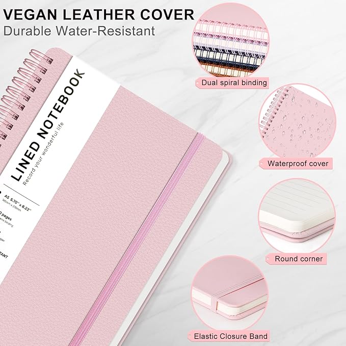 Lined Spiral Journal Notebook, A5 Hardcover Leather Notebook for Work, 5.7''×8.2'', 100GSM Thick Paper Spiral Bound Journaling Notebooks for Women & Men Office School Note Taking Business, Pink