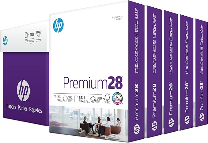 HP Papers | 8.5 x 11 Paper | Premium 28 lb | 5 Ream Case - 2500 Sheets | 100 Bright | Made in USA - FSC Certified | 205200C