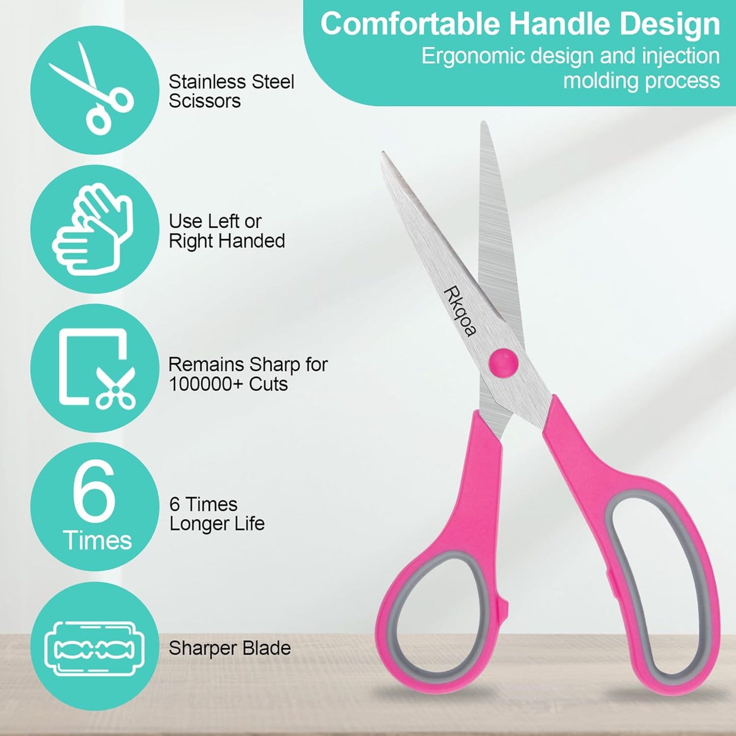 Pink Scissors Pack, Rkqoa 8" All Purpose Scissor - High Performance and Designed for Everyday use, Stainless Steel Shears Set with Comfort Grip, Right/Left Handed