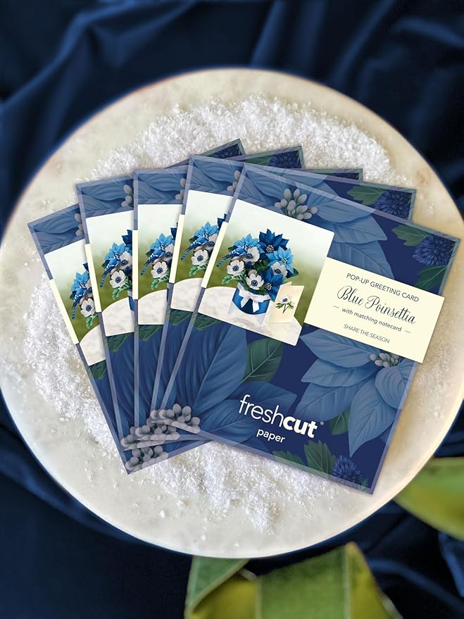 Freshcut Paper Pop Up Cards, Mini Blue Poinsettia, 6 Inch Mini Sized Forever Flower Bouquet 3D Popup Greeting Cards, Christmas Card, Holiday Card, Blank Notecard & Envelope