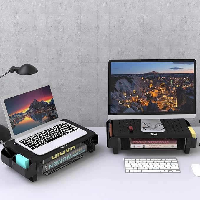 WALI Monitor Stand with Storage, Monitor Riser with Ventilation Drawer and Side Storage, Laptop Stand Riser for Desk, Printer Stands, (STT007), Black