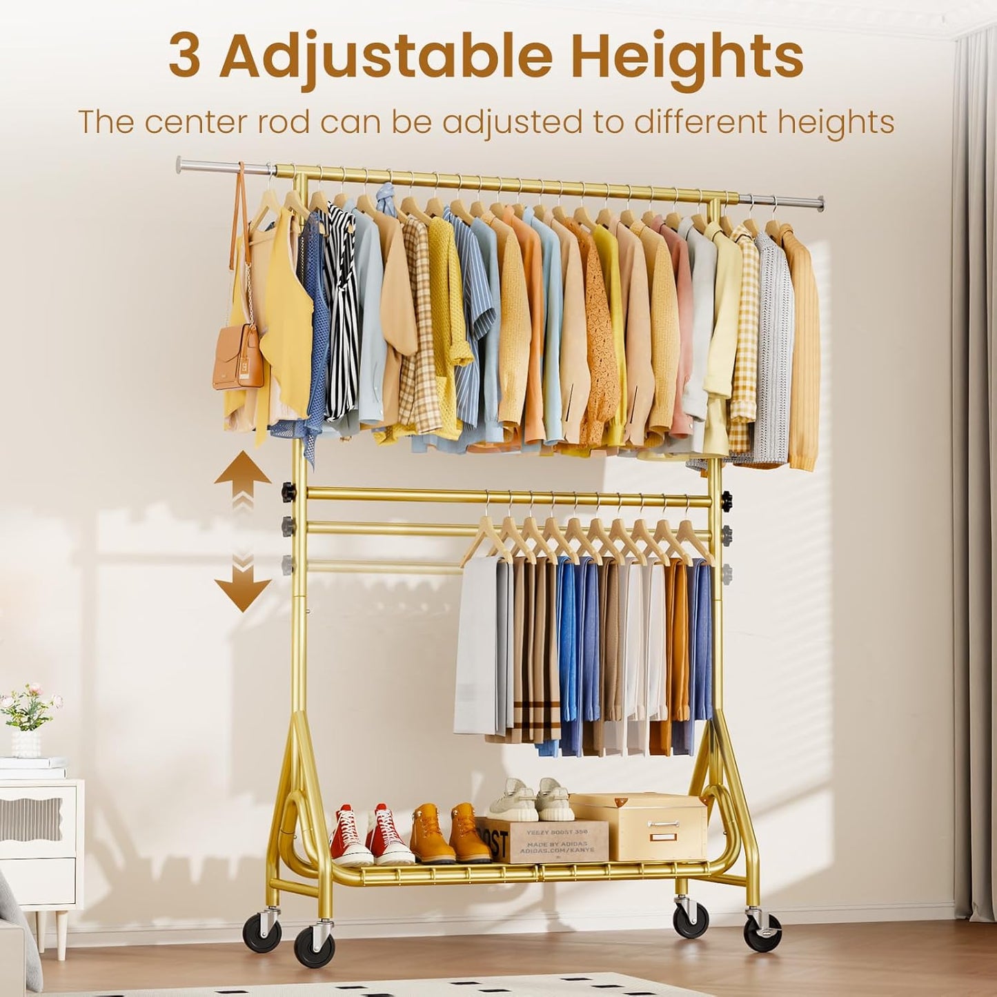 Double Rods Clothing Rack, Heavy Duty Clothes Rack for Hanging Clothes Load 560LBS, Metal Rolling Garment Racks with Wheels, Freestanding Clothes Hanging Racks, Gold