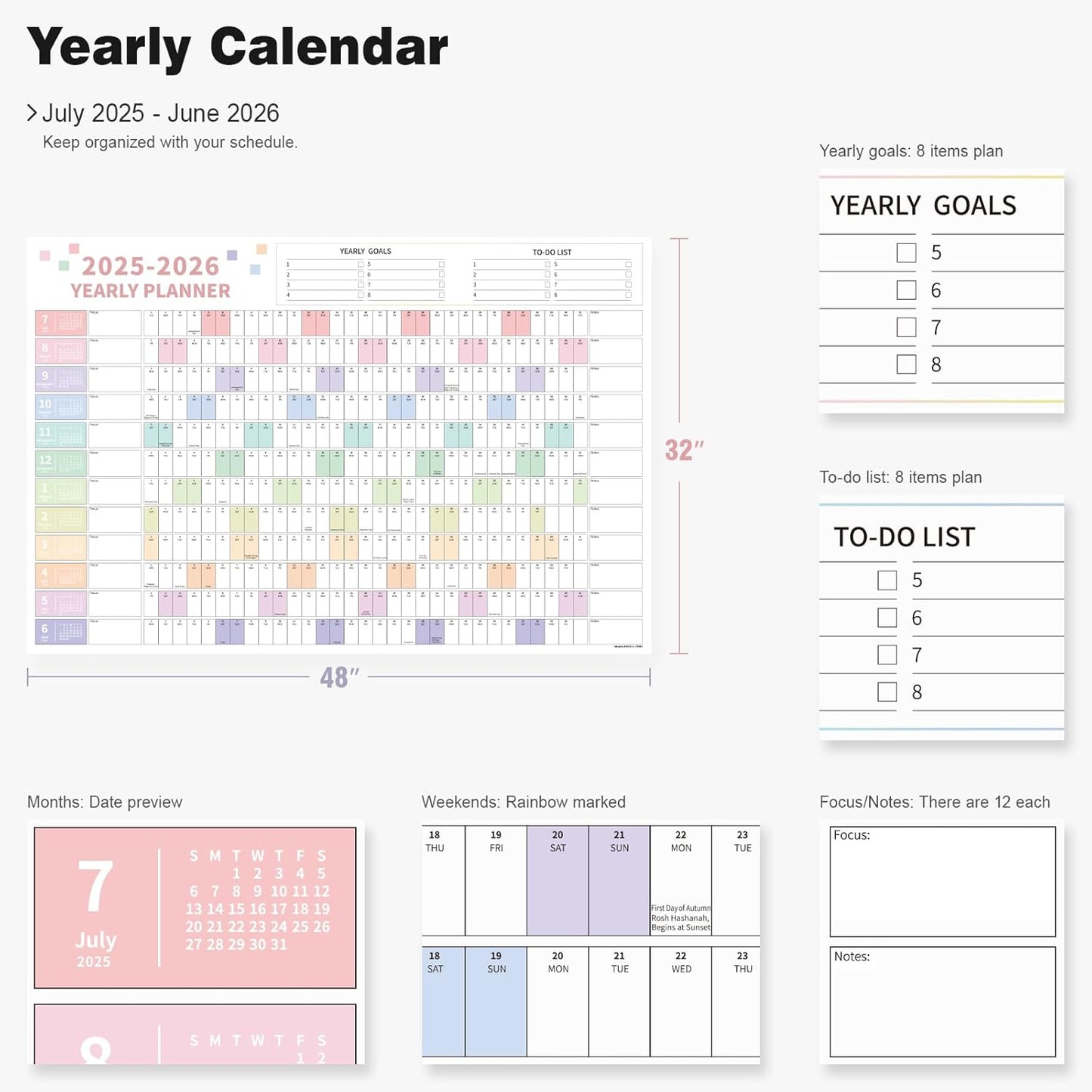 Ospelelf Wall Calendar 2025-2026 Large 32'' x 48'' Dry Erase Calendar for Wall, 12 Month Laminated Calendar for Classroom, Family, Use July 2025 - June 2026 (Multicolor)