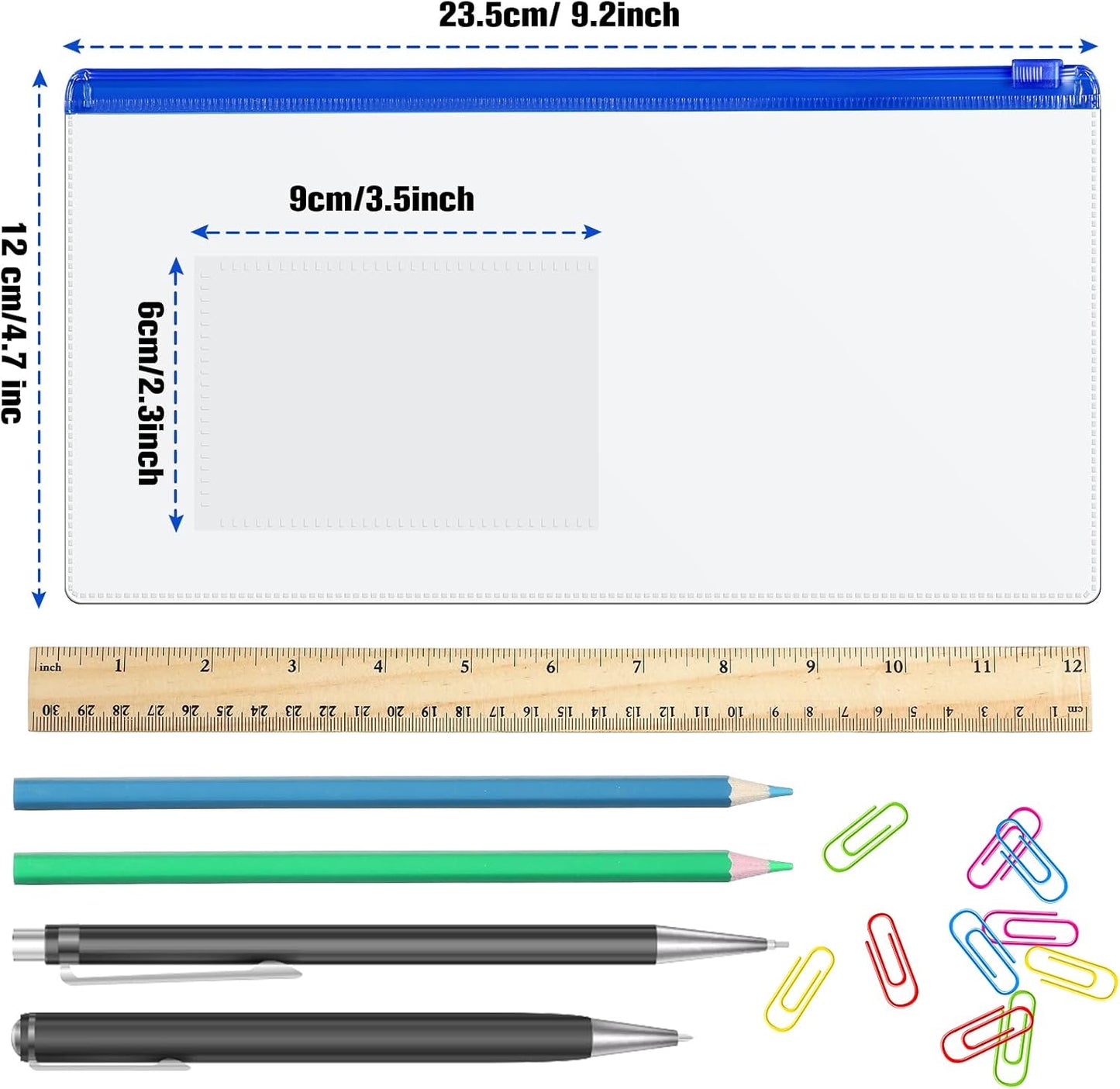 Marspark 100 Pieces Clear Pencil Case Zipper Envelope Bulk with Label Pocket Clear Plastic Envelopes with Zippered, A6 Pencil Bags for Cash, School Office Supplies, 9.2 x 4.7 Inches(Blue)
