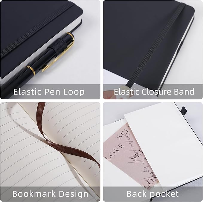 Lined Notebook Journal for Women Men 200 Pages A5 Hardcover Leather with Pen Holder College Ruled Journals for Work Note Taking Travel School Black
