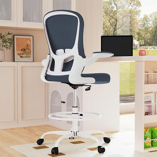 Drafting Chair, Tall Office Chair with Flip-up Armrests Executive Ergonomic Computer Standing Desk Chair, Office Drafting Chair with Lumbar Support and Adjustable Footrest Ring