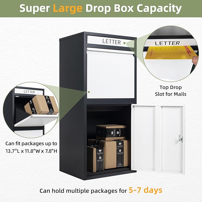Package Delivery Boxes for Outside, Extra Large Capacity Modern Mailbox, Outdoor Freestanding Porch Box for Package (Black and White)