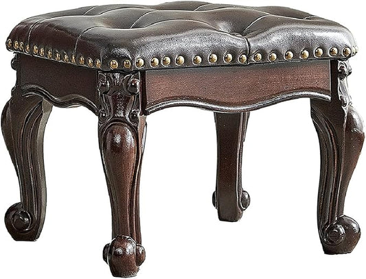 LEILISI Small Footstool Brown Leather Ottoman,Vintage Carved Upholstered Footrest, Rubber Wooden Foot Rest Stool Sofa Stool (Black-Brown)
