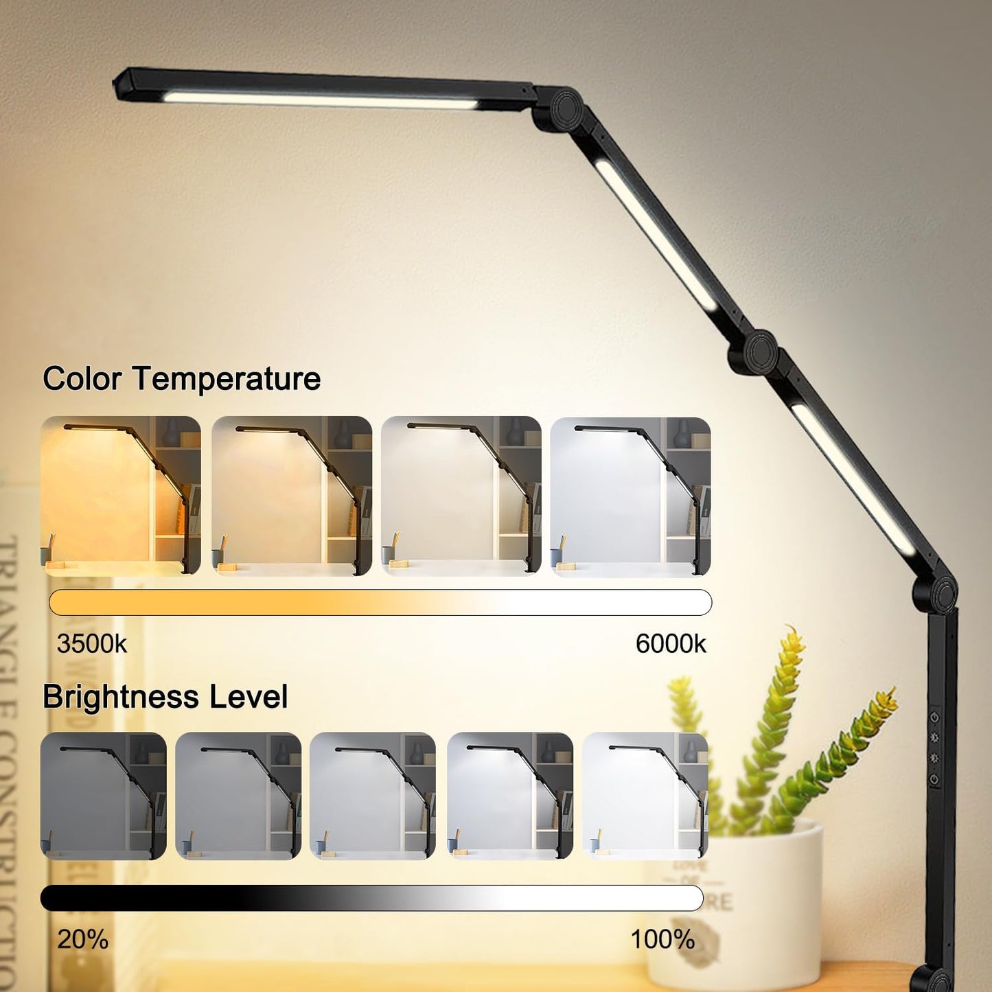 LED Desk Lamp with Clamp & Flexible Arm - 3 Light Sources, 4 Color Modes & 5 Brightness Levels, Eye-Caring Table Light with Memory Function