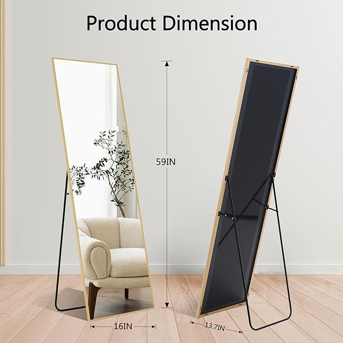 Simple Deluxe Aluminum Frame Mirror, 59"x16" Full Length Mirror with Stand, Free Standing Leaning Mirror Hanging Mounted Mirror for Bathroom Living Room, Gold
