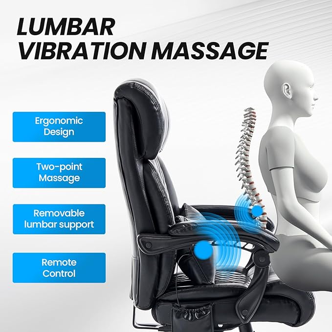 Lumbar Massage Office Chair, 500LBS Big and Tall Office Chair, Heavy Duty Ergonomic Executive Reclining Chair with High Back and Lumbar Support, Black