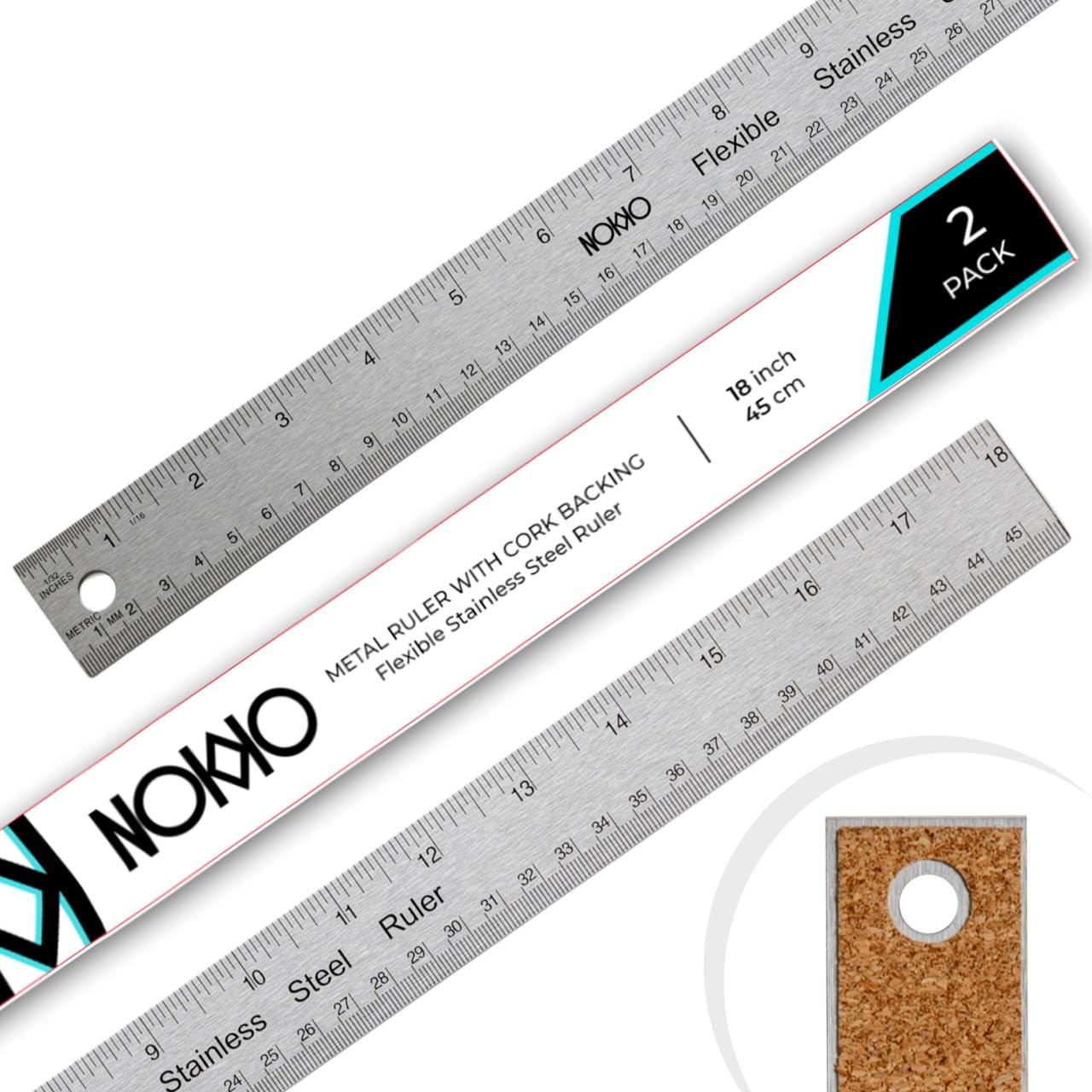 NOKKO 18 Inch Metal Ruler with Cork Backing, Pack of 2 - Stainless Steel Straight Edge Ruler with Inches and Centimeters, Non-Slip Cork Back for Precision Measurement and Stability