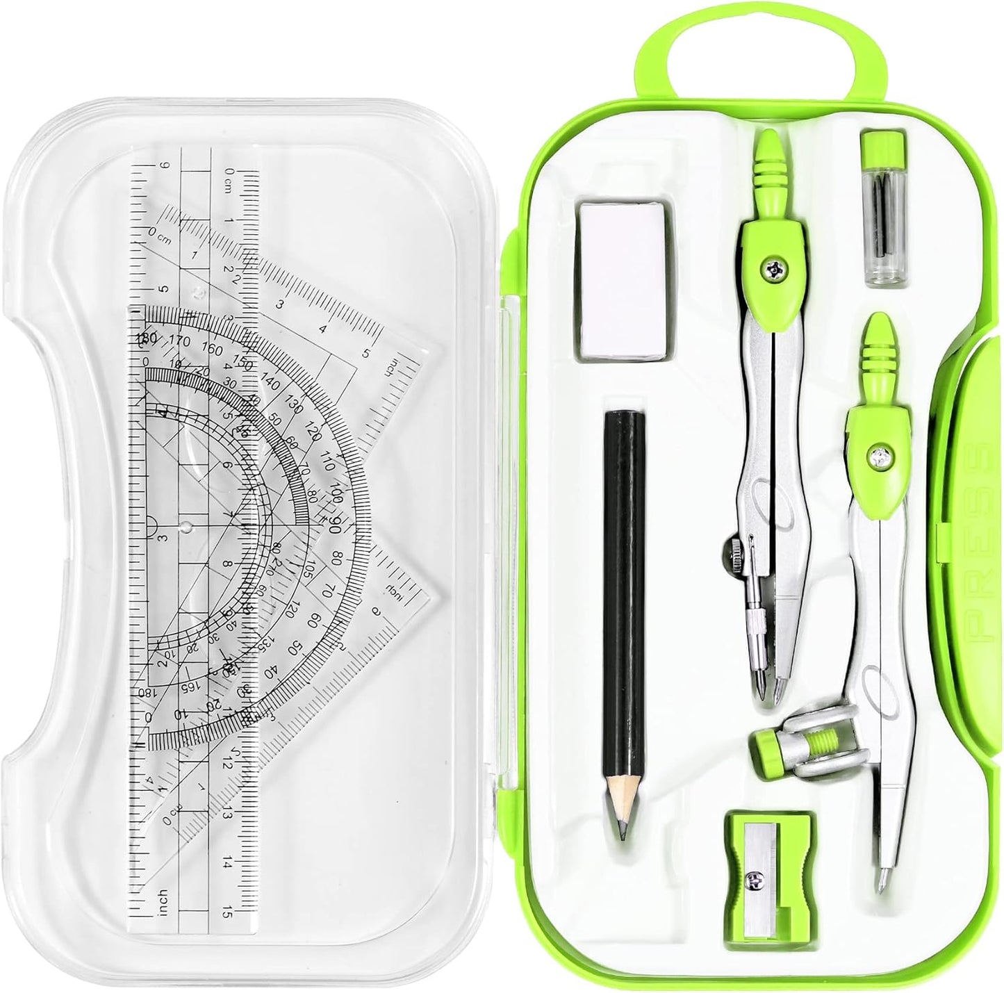 Math Geometry Kit Sets 10 Piece Student Supplies with Shatterproof Storage Box,Includes Rulers,Protractor,Compass,Eraser,Pencil Sharpener,Lead Refills,Pencil,for Drafting and Drawings（Green）