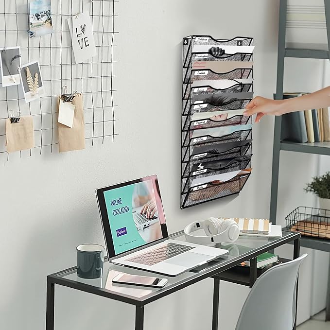 Wall File Organizer, 10 Tire Hanging File Folder Mail Organizer, Vertical Mesh Metal Door/Wall Mount Hanging File Holder, Paper Document Magazine Rack with Hooks for Home Office Black