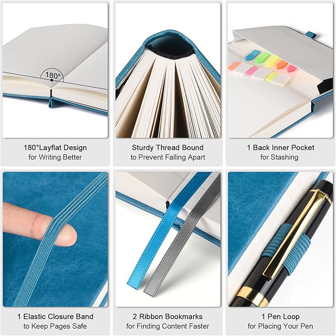 College Ruled Notebook, Large B5 Lined Journal Notebook, 314 Numbered Pages Work Notebook with Index Stickers, 100gsm Thick Paper, Hardcover Vegan Leather Journal for Women Men School Office, Blue