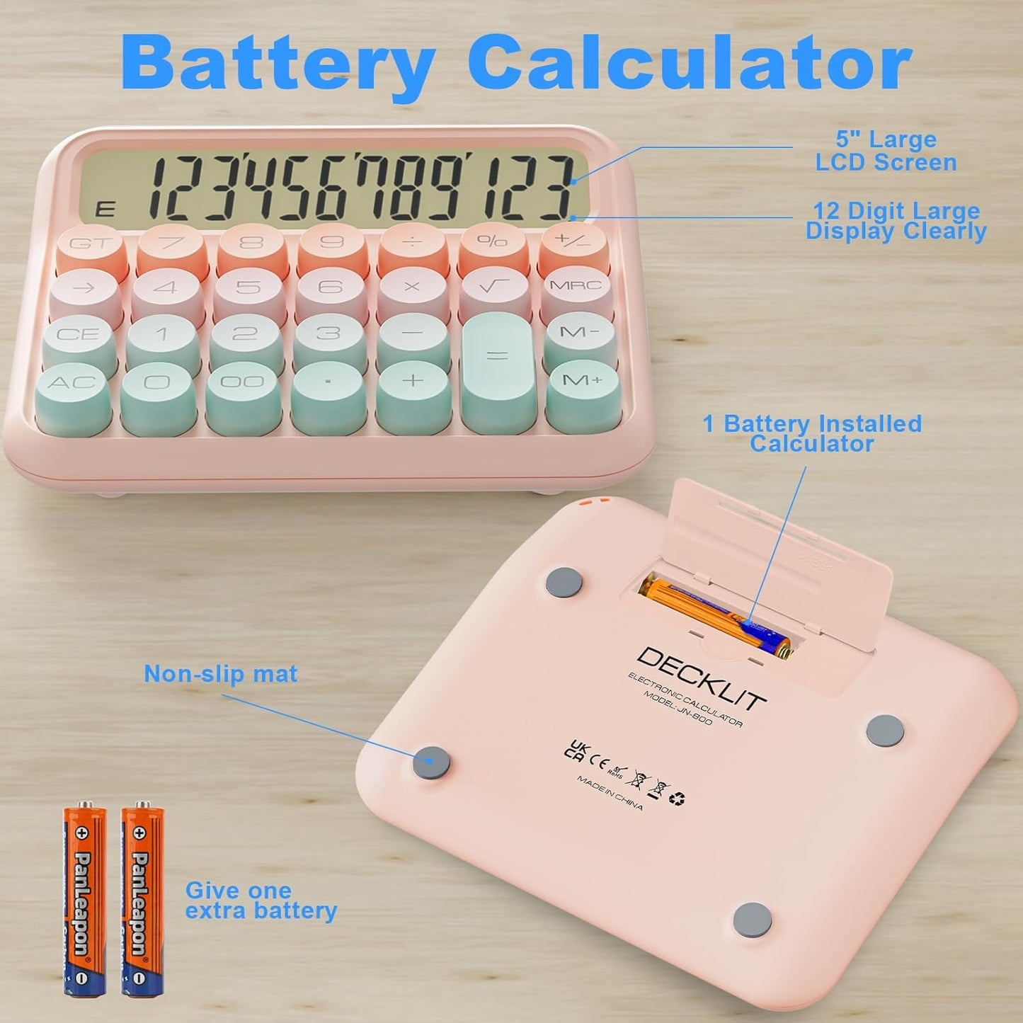 Mechanical Calculator 12 Digit Extra Large 5-Inch LCD Display, DECKLIT Battery Desk Calculator, Big Buttons Easy to Press Office Calculators Desktop, 15°Tilt Screen for Kids Calculator(Green&Pink)