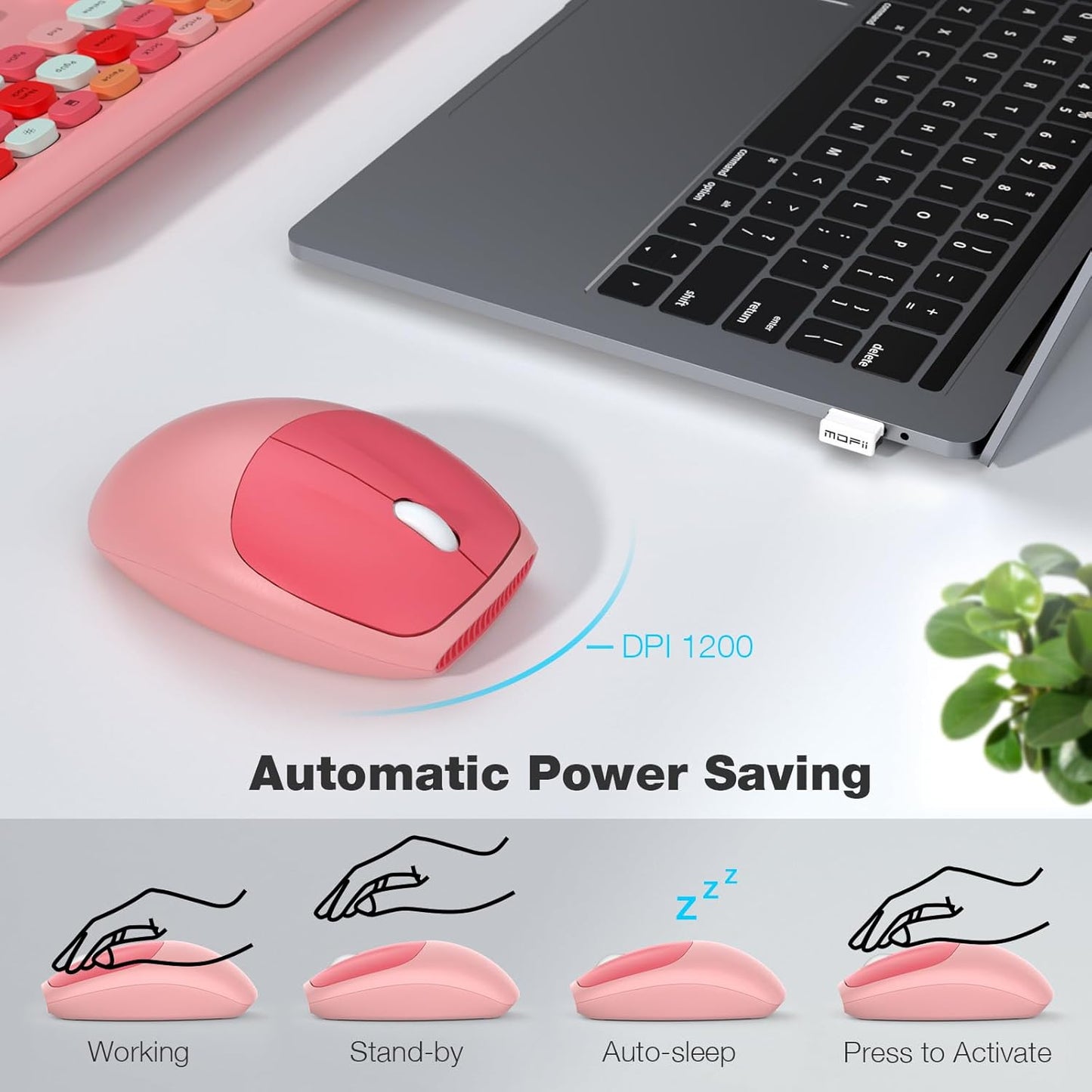 MOFII Wireless Keyboard and Mouse Combo, Colorful Full Size Keyboard with Number Pad, Silent Cute Wireless Mouse, 2.4GHz Dropout-Free Connection, for PC Laptop Computer (Pink Color)
