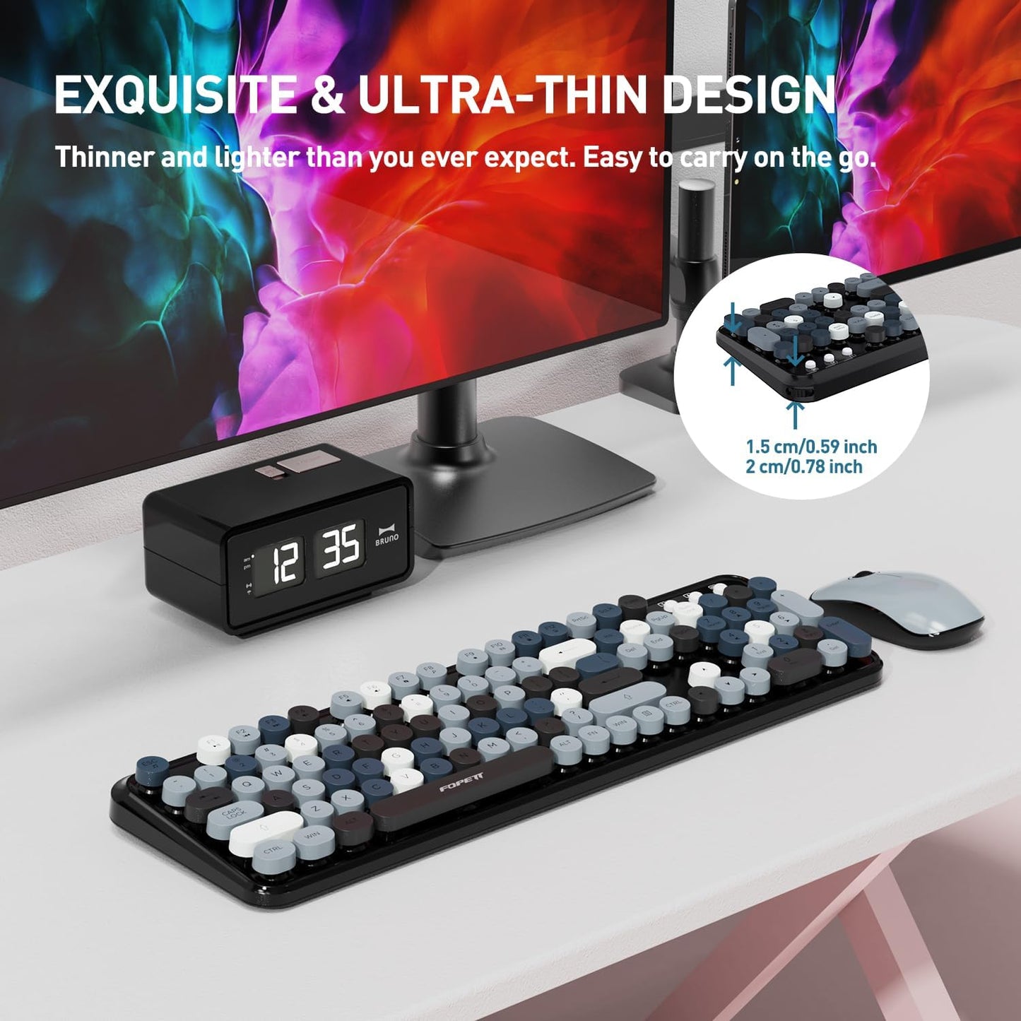 Keyboard and Mouse Wireless,Cute Retro Wireless Keyboard Mouse Combo with Round Key,2.4Ghz Dropout-Free Connection,Typewriter Keyboard Mouse Set for PC Laptop Desktop Computer-Grey Colorful