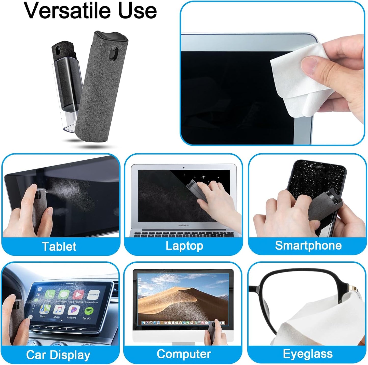 2 Pack Screen Cleaner Spray and Wipe for Laptop Monitor and Car Screens, Phone Touchscreen Mist Cleaning Kit for Cellphone, Tablet, PC, Computer, LCD, Eyeglass, iPhone, iPad, Mac Pro - Black and Grey