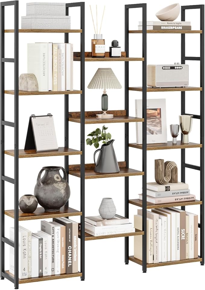 OTK Triple Column 5 Tier Bookshelf, Large Bookcase with 14 Open Display Shelves, Adjustable Industrial Book Shelf with Baffles, Wide Bookshelves for Bedroom, Living Room and Home Office, Rustic Brown