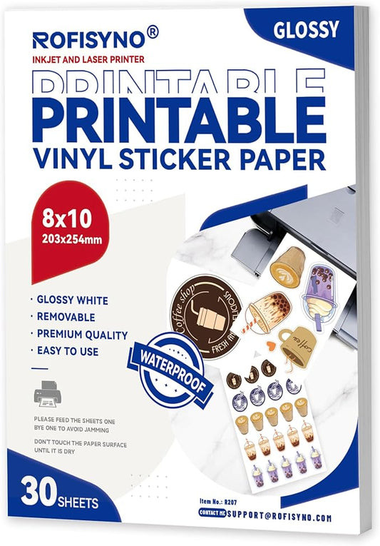 8x10 Printable Vinyl Sticker Paper Waterproof, Removable Self Adhesive Vinyl Sticker Sheets for Inkjet and Laser printer, 30 Pack, 8R Size, Glossy White